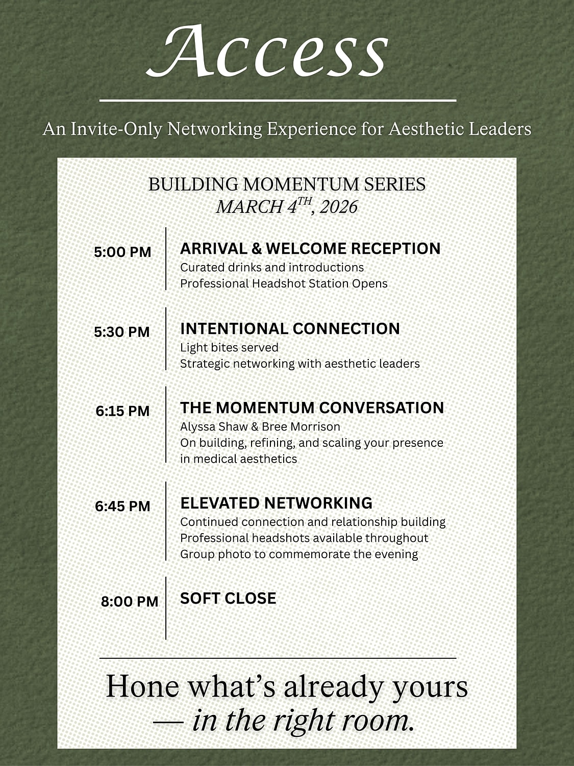 Invite-only networking event for aesthetic leaders.