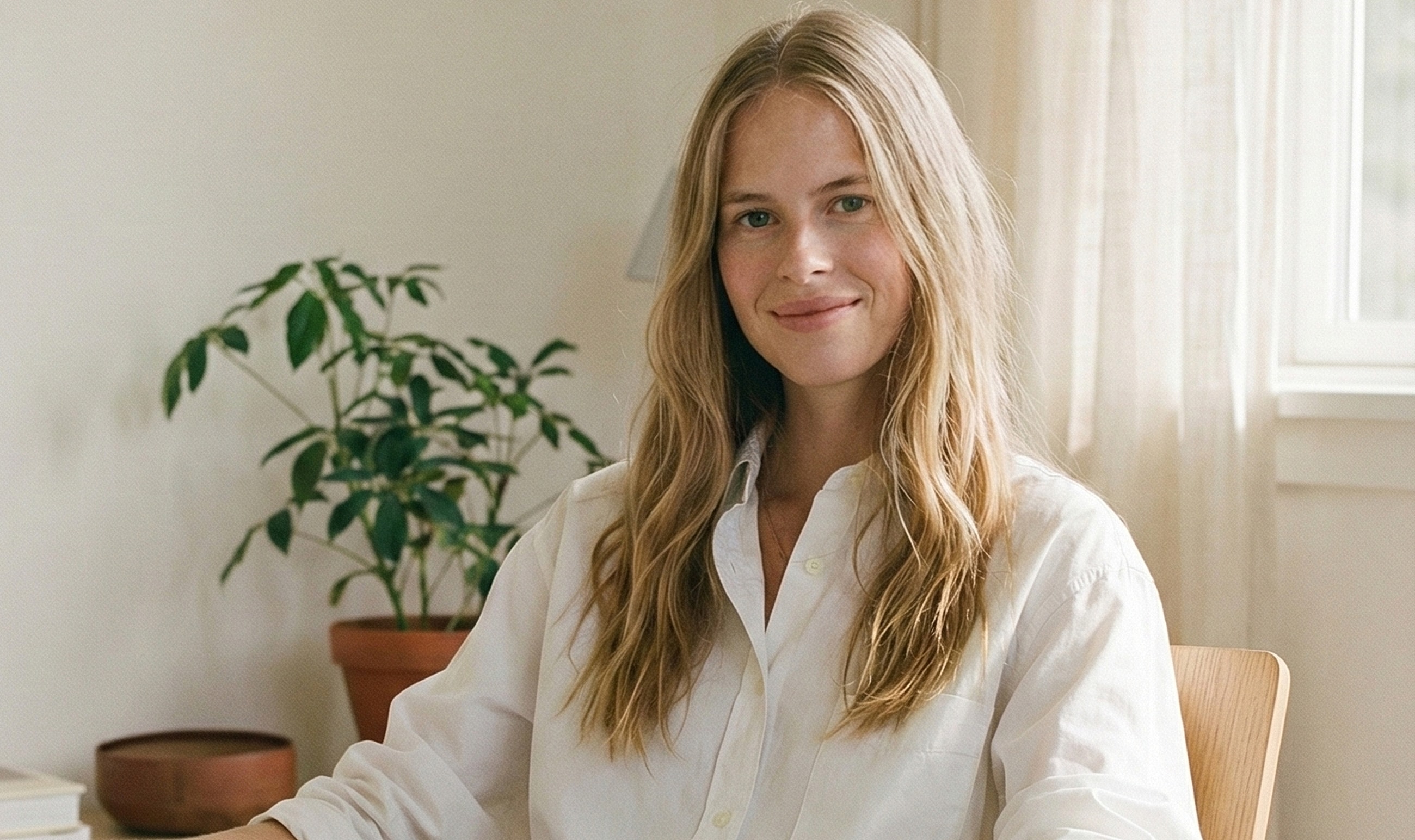Woman smiling in a bright, cozy room.